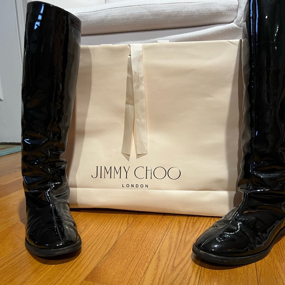 Jimmy Choo fur lined patent leather riding boots